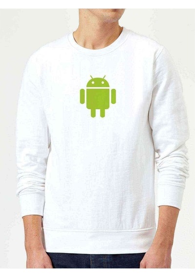 Android Logo Baskılı Beyaz Erkek Örme Sweatshirt