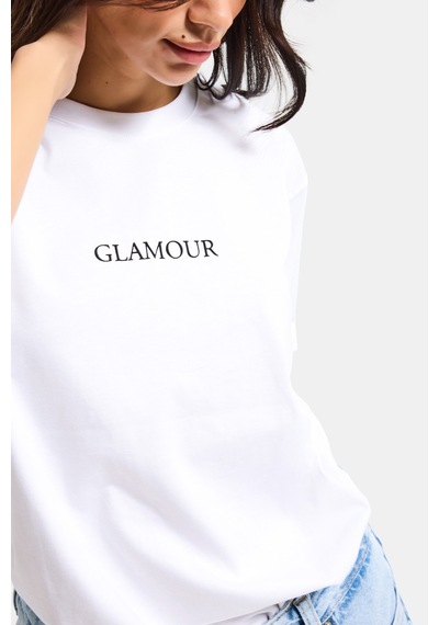 it's basic Kadın Beyaz S6-127 Oversize Glamour Baskılı %100 Koton T-shirt