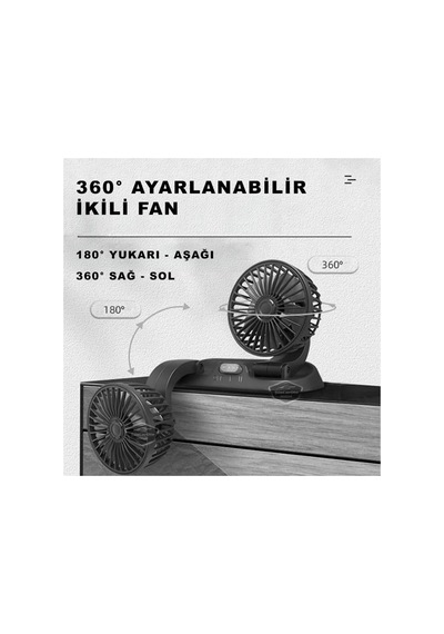 Şüscaroto Aksesuar Oto Ofis Araç İçi Torpido Üstü Vantilatör Çift Başlıklı Çakmaklıklı Soğutucu Fan 360 Genel