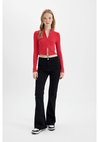 Defacto Fitted Dik Yaka Basic Düz Fermuarlı Fitilli Kaşkorse Crop Kırmızı Hırka D5124AX24AURD54 Kırmızı