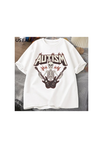 Tarzsokak İskelet Gitar Grafik T Shirt Komik Otistik İskelet Otistik T-shirt Pamuk Kısa Kollu Tee 2986 Beyaz