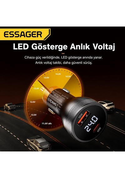 Tr 100w Çift Port Araç Şarj Cihazı Type-c Usb Hızlı Şarj Dijital Voltaj Göstergeli