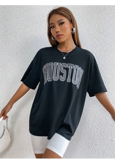 Startmore Kadın Beyaz Houston Baskılı Oversize T-shirt Siyah