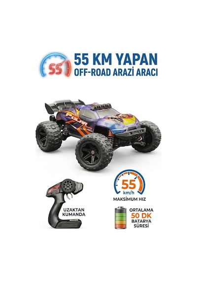 Uzaktan Kumandalı Şarjlı Işıklı 1:14 4wd 55 Km/h Servo Motorlu 2.4ghz Off-road Oyuncak Arazi Arabası Çok Renkli