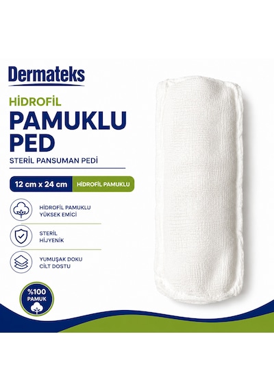 Dermateks Hidrofil Pamuklu Ped 12 24cm Steril Pansuman Pedi 40 Adet