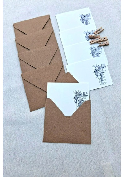 15 Adet Kraft Zarf Ve Mandallı Vazo Çiçek Kart - Hediye Paketleme Kartı - Not Kartı 1.hamur