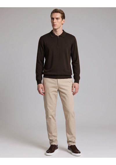 Pierre Cardin Koyu Kahverengi Slim Fit Fermuarlı Polo Yaka Basic Triko Kazak 50333917-vr084