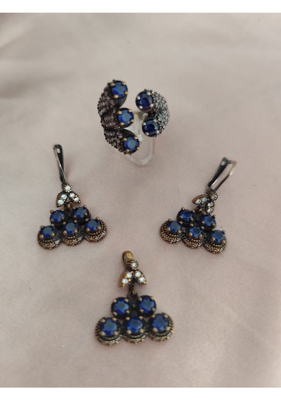 Otantik Safir Taşlı Bayan Gümüş Set Bronz