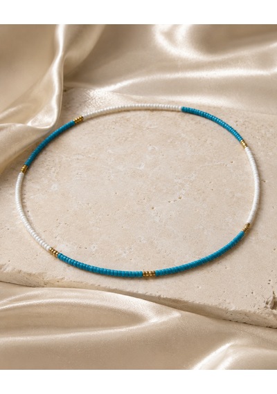Aqua Zarafet Turkuaz Beyaz Boncuklu Altın Detaylı Kadın Choker Kolye, Minimal Günlük Kolye Renkli