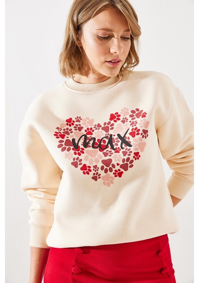 Shade Kadın Üç İplik Şardonlu Yuvarlak Yaka Pati Baskılı Sweatshirt Mbhs005 60601005 - Bej
