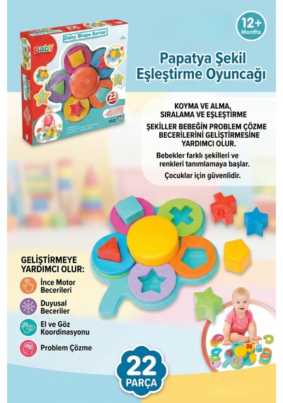 Eğitici Papatya Bultak Şekil Ve Renk Eşleştirme Oyuncağı 22 Parça 12+ Ay Zeka Geliştirici Bebek Oyuncak