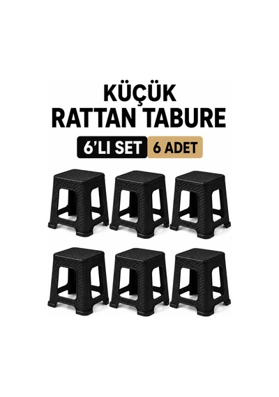 6 Lı Küçük Rattan Tabure Seti Siyah Mutfak Banyo Balkon Bahçe İçin İstiflenebilir Plastik Tabure Siyah
