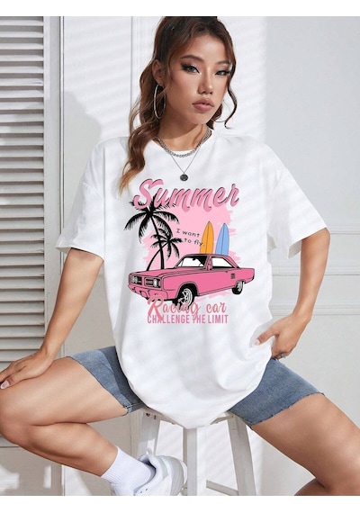 Flood Of Style Kadın Beyaz Summer Racing Car Baskılı Oversize T-shirt