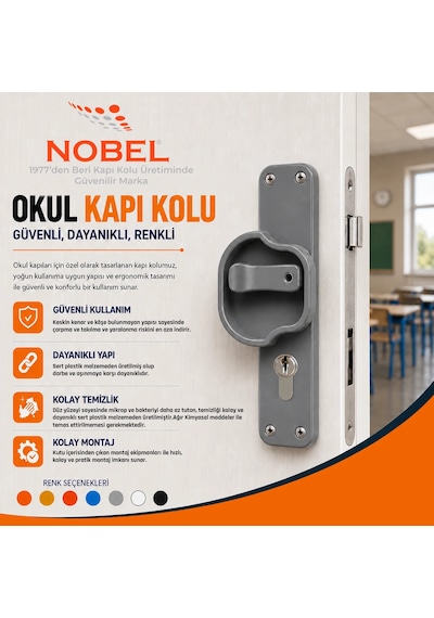 Okul Kapı Kolu Kreş, Anaokulu Ve Sınıf Kapıları İçin Çocuk Korumalı Emniyetli Dayanıklı Plastik Kapı Kolu - Gri