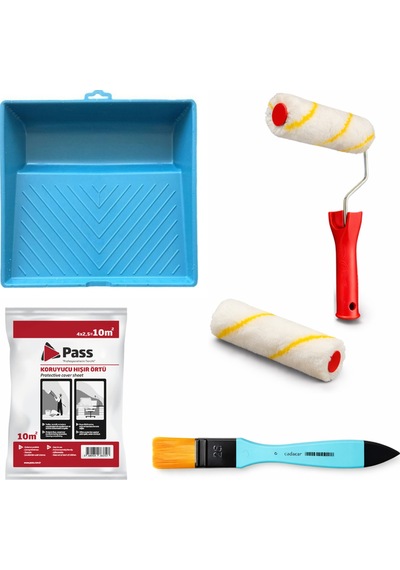 İz Bırakmayan Büyük Saten Rulo 15 Cm Ve Yedek Başlığı + Büyük Boyama Kabı + Hışır Örtü + 350-1 Fırça