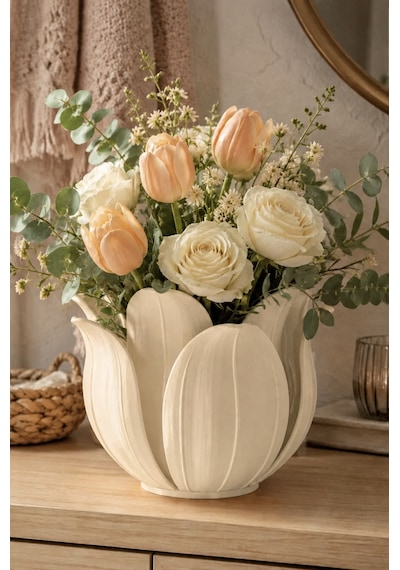 3d Baskı Lotus Yapraklı Vazo - Dekoratif Çiçeklik-bej Diğer