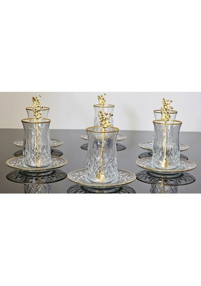 Atabey Home Collection 18 Parça Odin Çay Seti Japon Gülü Çay Kaşikli Cam Tabakli Gold Detayli