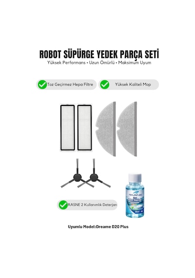 Dreame D20 Plus İle Uyumlu 2 Yan Fırça 2 Filtre 2 Mop 1 Deterjan 1.0