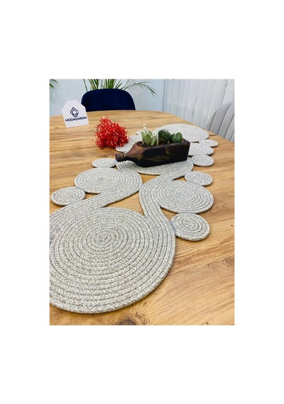 Jüt, Hasır,sarmal Model, Dekoratif Masa Örtüsü, Runner 40x110 Cm, Sehpa Örtüsü, Bohem Tarzı Taş Taş