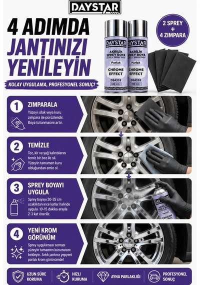 Daystar Jant Boyama Seti 2 Adet Krom Effect Sprey Boya 400 Ml + 4 Adet Zımpara Profesyonel Krom Gö Çok Renkli