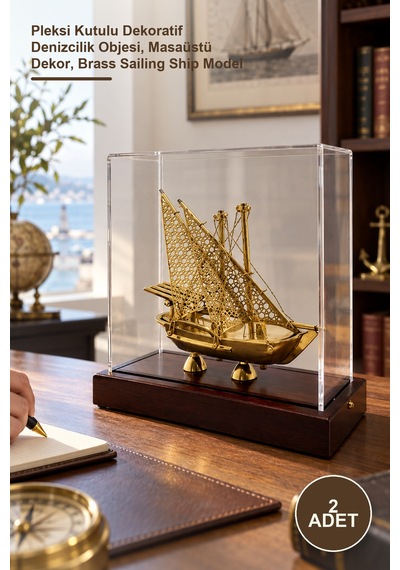 2 Adet Pirinç Yelkenli Gemi Maketi Pleksi Kutulu Dekoratif Denizcilik Objesi, Masaüstü Dekor, Brass Sailing Ship Model 1