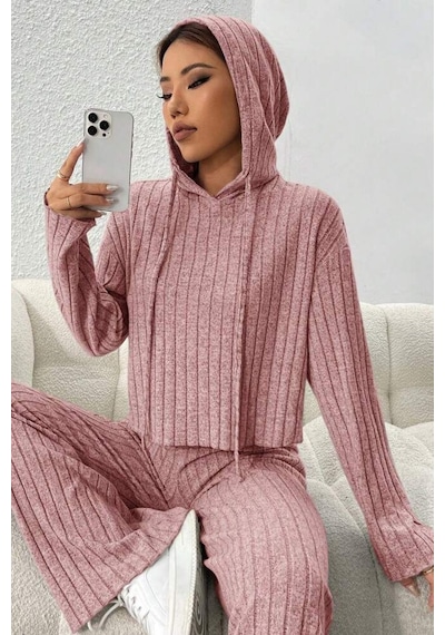 Bella Notte Siyah Fitilli Kapüşonlu Pamuklu Yumuşak Pijama Takımı Pembe