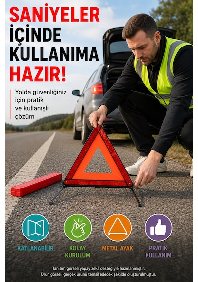 1 Adet Katlanabilir Üçgen Acil Durum Reflektörü Metal Ayaklı Taşıma Kutulu Araç Uyarı Üçgeni Kırmızı