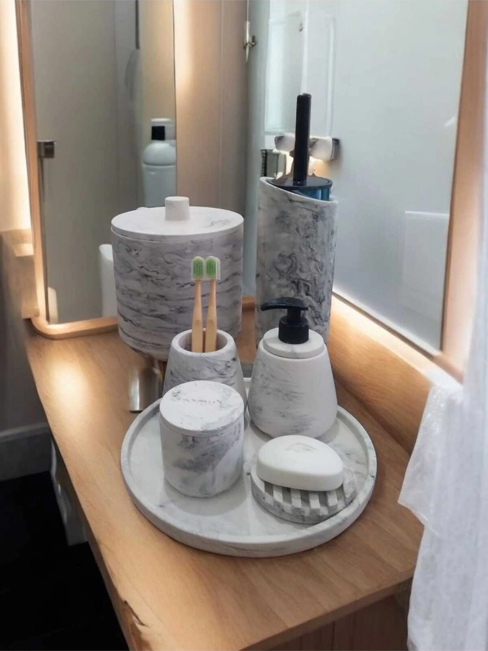 Mermer Desen Beton Banyo Seti,tuvalet Fırçası,çöp Kovası,katı,sıvı Sabunluk,tepsi,pamukluk Gri