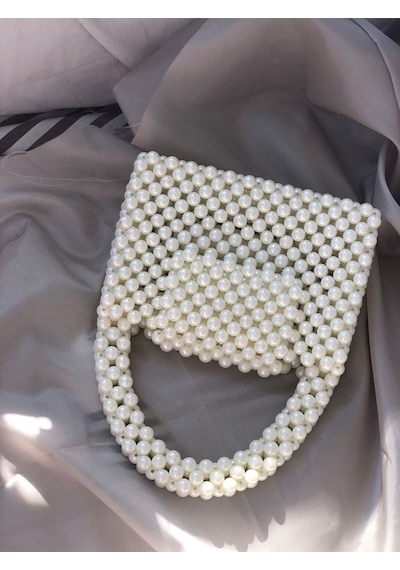 Hobimark25 El Yapımı Krem İnci Çanta,kalın İnci Saplı 18x14 İncili Boncuk Çanta,el Çantası 10mm Sedefli İnci Krem