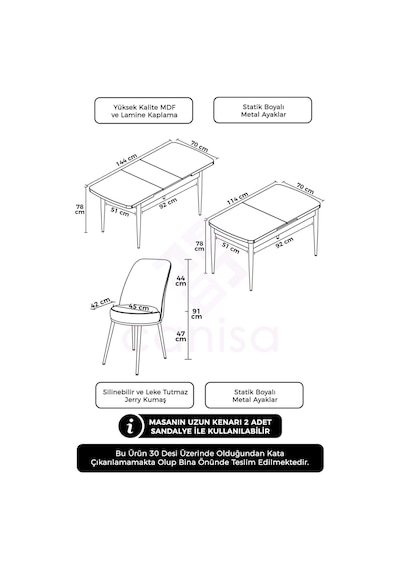 Canisa Han Serisi, Beyaz 70x114 Açılabilir Mdf Mutfak Masa Takımı, 6 Cappucino Sandalye Masa Beyaz Sandalyeler Cappucıno