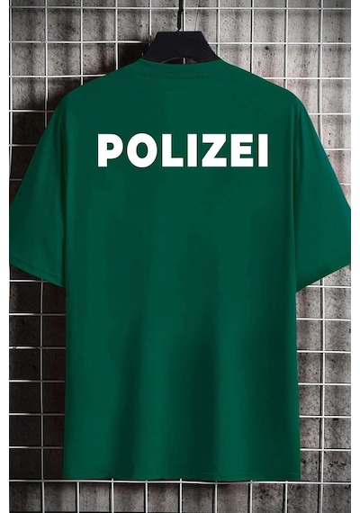 Unisex Polizei Baskılı T-shirt Yeşil