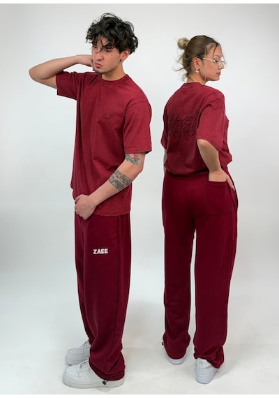 Zaee Nakışlı Oversize Tişört Bordo