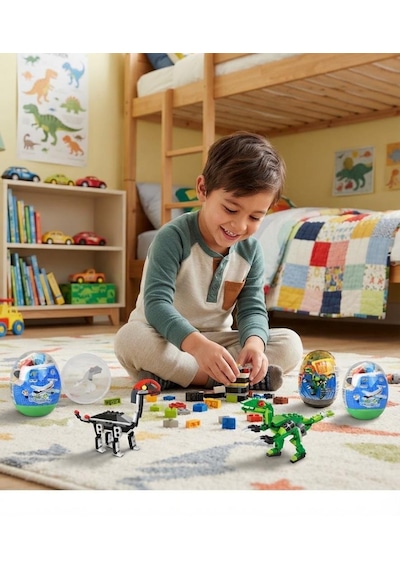 Sürpriz Yumurta 4'lü Set Dinozor Ve Araç Figürlü Yapı Blokları Eğitici Öğretici Parçalı Oyuncak
