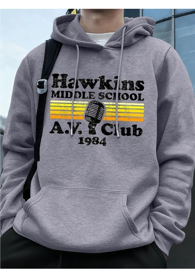 Startmore Tarzsokak Hawkins Ortaokulu A.v. Club Prints Erkek Kapüşonluları Sonbahar Cepli Kazak Temel Polar Gevşe Gri