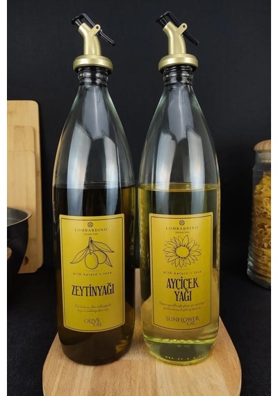 Lombardino Vetro 2'li Zeytinyağı Ve Sıvıyağ Şişesi Gold Etiketli Yağdanlık 1000 Ml Sh-0024