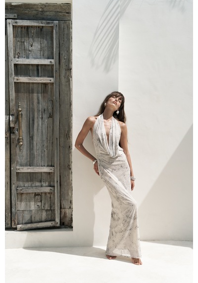 Mai Studios Co. Mai Collection Galagher Degaje Bej Uzun Elbise Bej