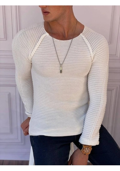 Modefendi Slim Fit Çelik Örme Açık Yaka Kazak Beyaz