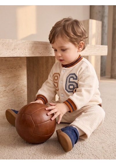 Zekids Erkek Bebek Ekru Kadife Düğme Detaylı Pantolon-17454