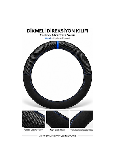 Trobus Hyundai İ20 2015-2020 Uyumlu Dikmeli Direksiyon Kılıfı Carbon Alkantara Karbon Desenli Mavi