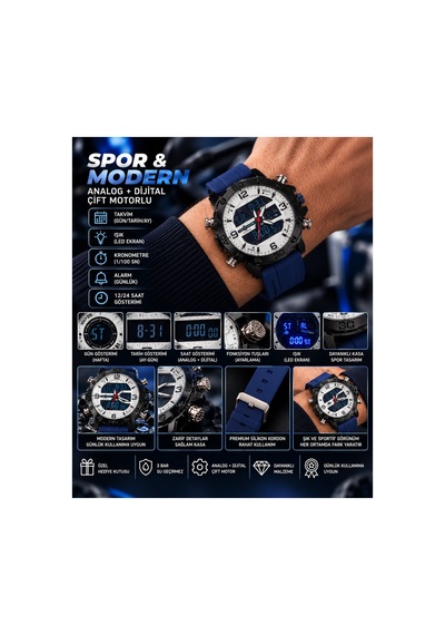 Erkek Analog Dijital Silikon Kordon Alarm Kronemetreli Led Işıklı Kol Saati Beyaz - 929326242 Siyah