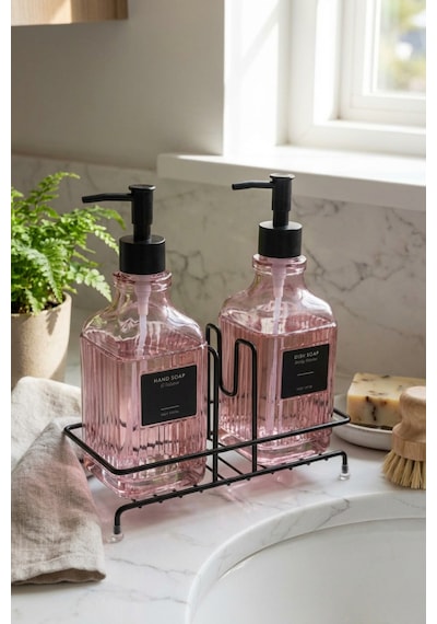 Makri Home Modern Çizgili Desenli Cam Ikili Sıvı Sabunluk & Deterjanlık Seti, Pembe- 500 Ml Cam Sabunluk