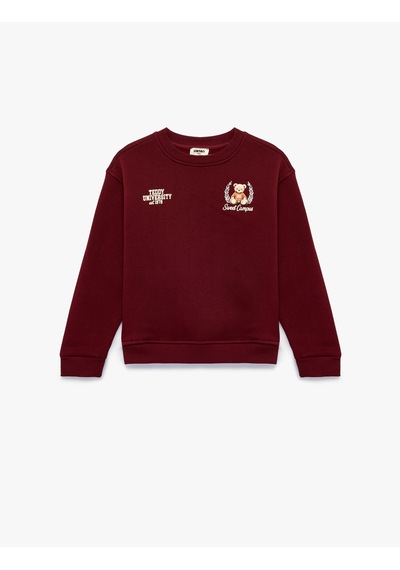 Koton Üç İplik Şardonlu Uzun Kollu Bisiklet Yaka Ayıcık Baskılı Sweatshirt Bordo 7wkg10260ak