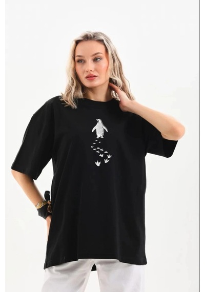 Wear Vexel Kadın T-shirt Penguen Baskılı Bisiklet Yaka Kısa Kol Yazlık Tişört - Siyah Siyah Wear Vexel Kadın T-shirt Penguen Baskılı Bisiklet Yaka Kısa Kol Yazlık Tişört - Siyah Siyah