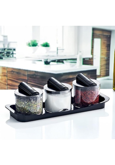 Favori 3'lü Lüks Baharatlık Seti - Kaşıklı Ve Özel Standlı Tezgah Üstü Tuzluk, Karabiberlik Ve Baharat Seti Şeffaf Ve Şık Tasarım 26cm X 9cm X 8 Cm Çok Renkli