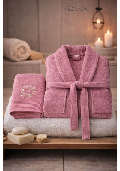 Tek Kişilik Banyo Havlulu Bornoz Seti Pamuklu Bukle Şalyaka Nuvia Mürdüm