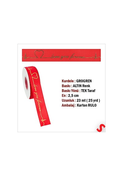 Grogren Kurdele Love You Altın Baskılı, 2,5cm X 23mt - Kırmızı 0 - 99