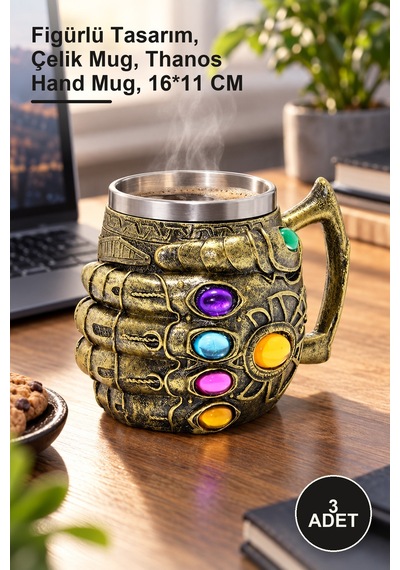 3 Adet Paslanmaz Çelik Thanos Eli Kupa Bardak Figürlü Tasarım, Çelik Mug, Thanos Hand Mug, 16 11 Cm