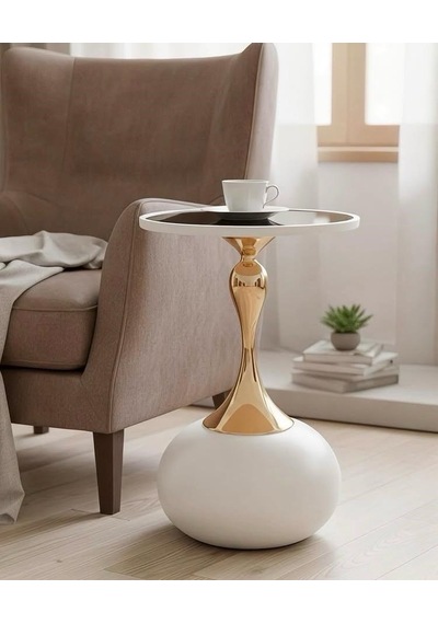 Panalı Dekoratif Yan Sehpa - Beyaz 51 X 38 Cm Beyaz - Altın