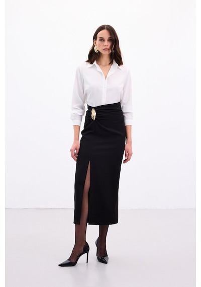 Sateen Gold Yan Aksesuarlı Etek - Siyah-136884 Siyah