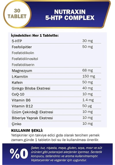 Nutraxin 5-htp Complex 30 Tablet L-karnitin, Ginkgo Biloba, Coq-10, Vitamin B6 B12, Çinko Ve Bitkisel Ekstreli Destek Takviyesi Sku: Smg8690010388704